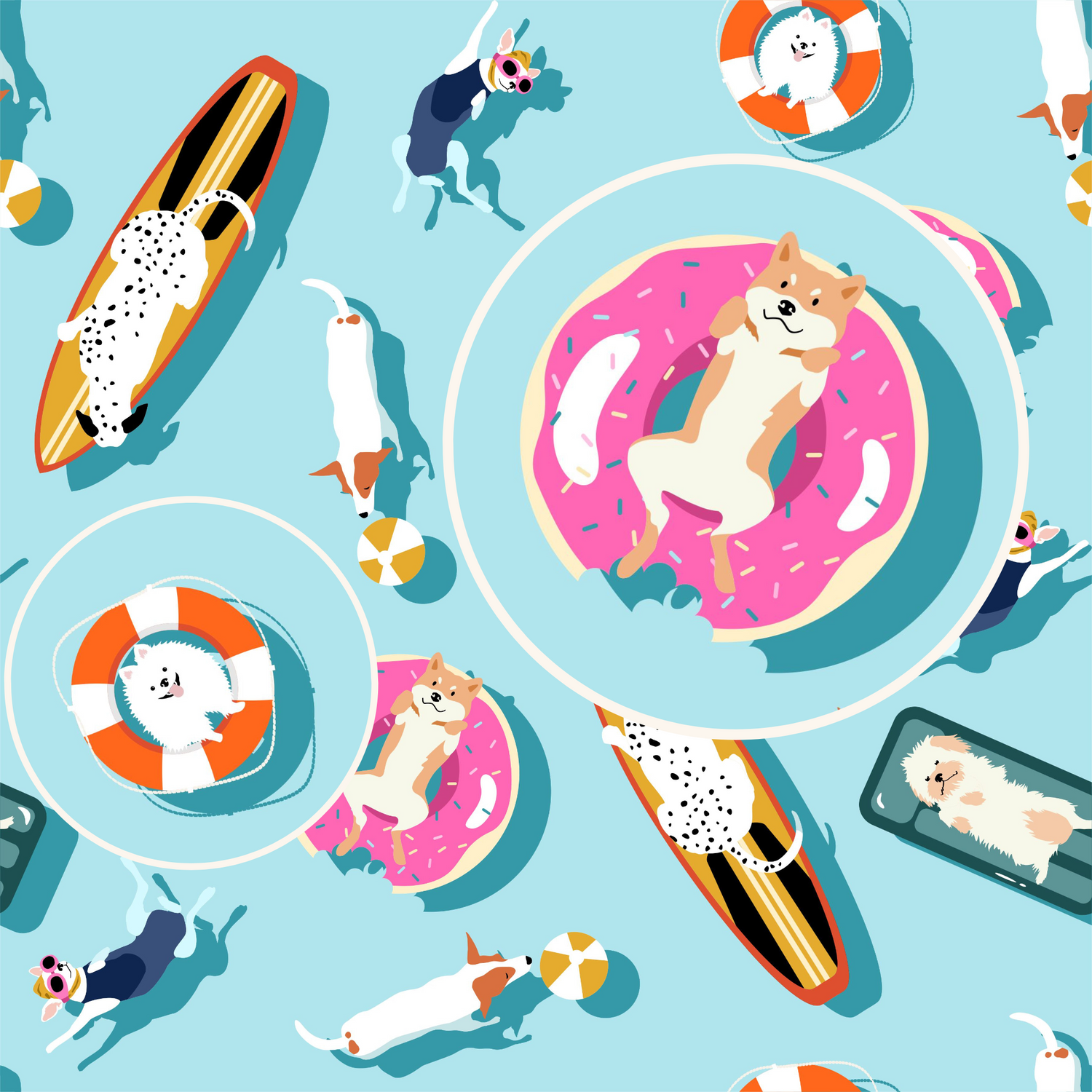 A closeup of Pata Paw's Pool Pups Design illustrated by Uruguayan artist Irene González Frizzera. Available in reversible pet harnesses, pet collars, poop bag carriers and pet leashes.