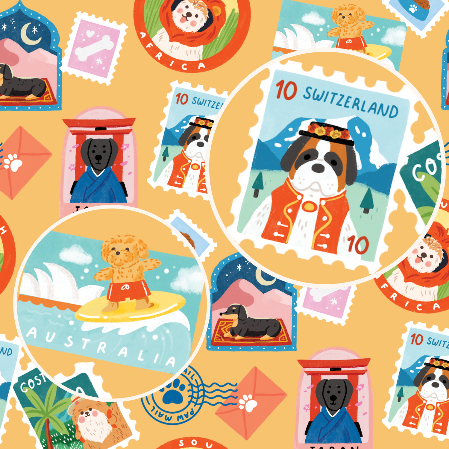 A closeup of Pata Paw's Traveling Pups Design illustrated by artist Sasa Khalisa. Available in reversible pet harnesses, pet collars, poop bag carriers and pet leashes.