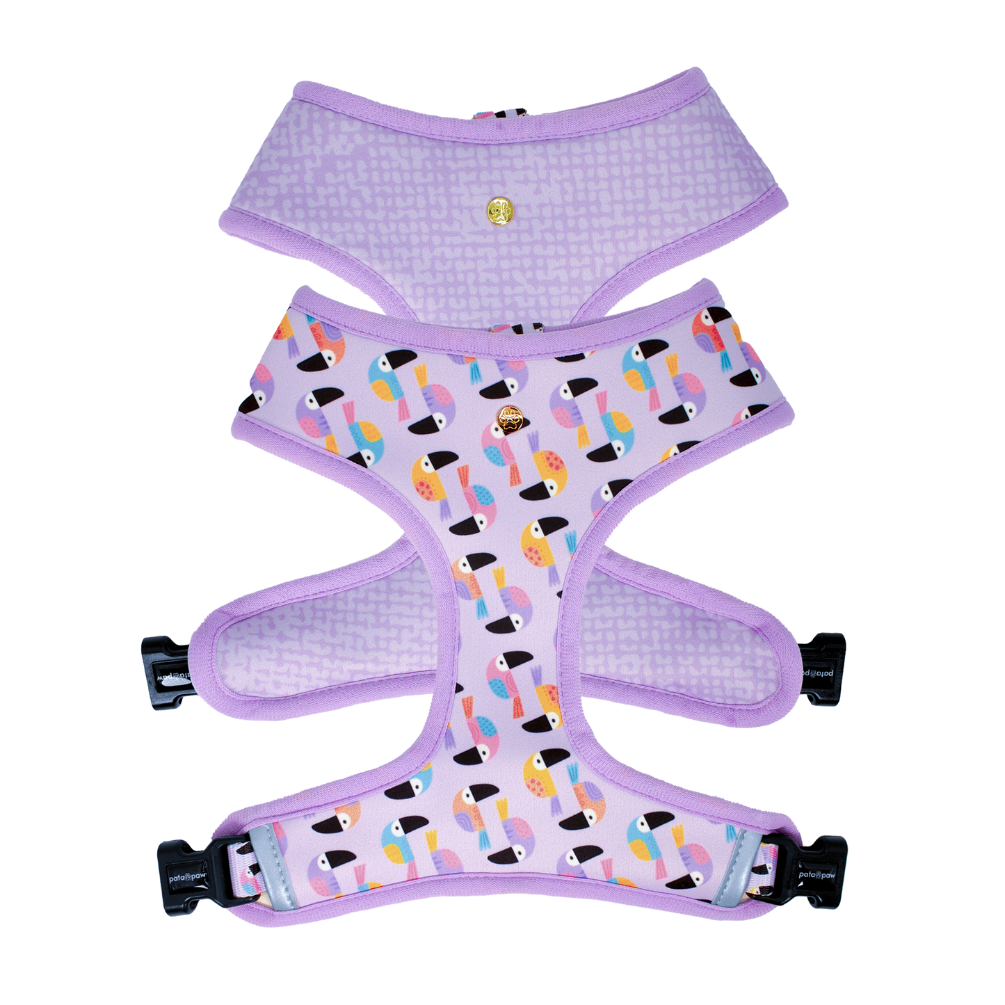 Pata Paw toucan tropics reversible harness showing both sides.