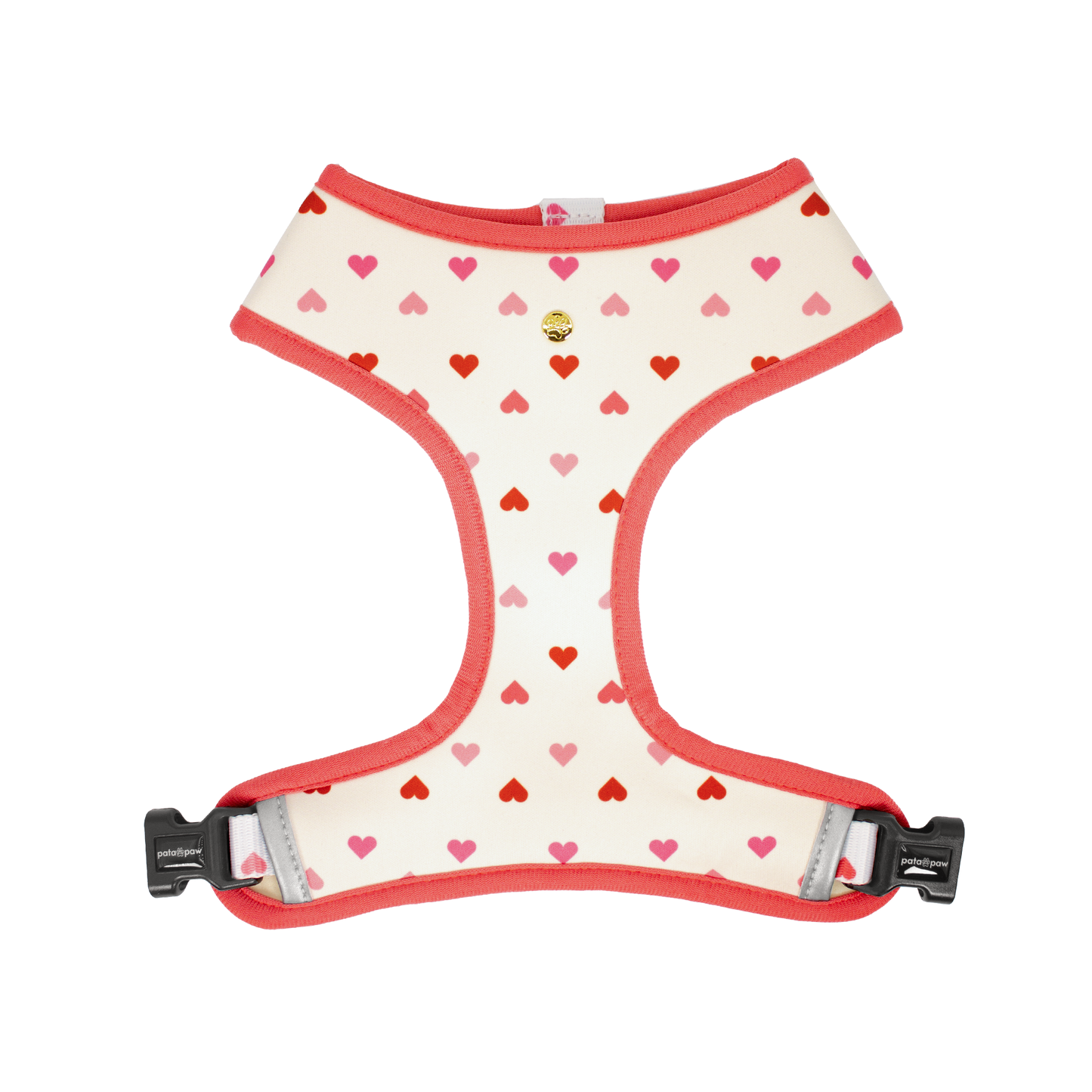 Pata Paw blush hearts reversible harness showing its pattern.