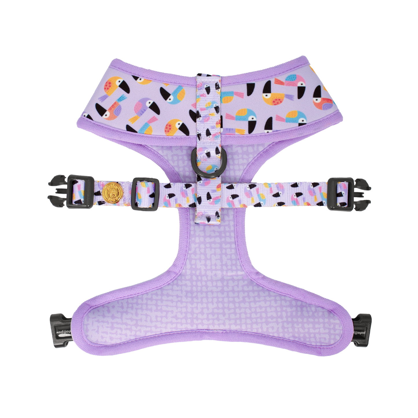 Pata Paw toucan tropics reversible harness showing its backside.