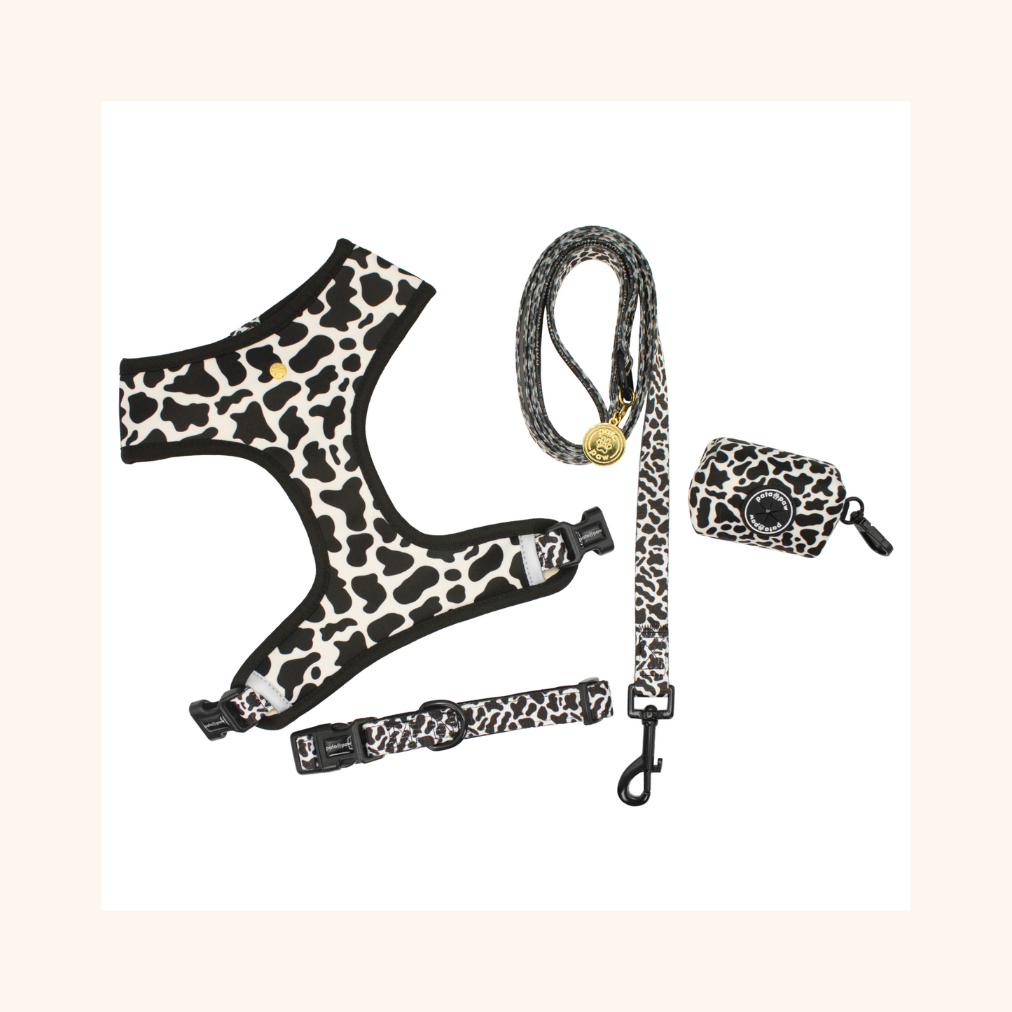 pata paw moo set: reversible harness, leash, collar, and poop bag holder