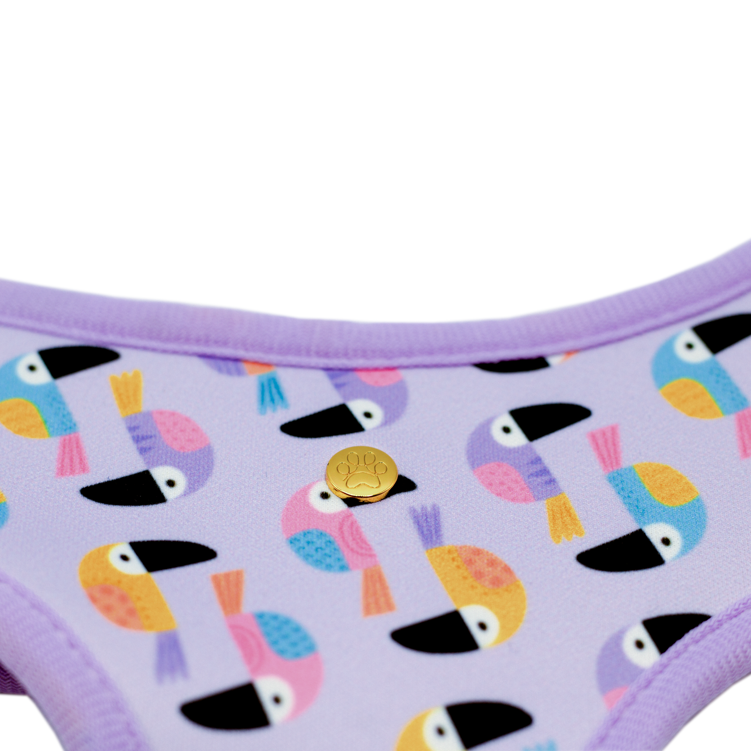 Pata Paw toucan tropics reversible harness showing a close-up of its golden paw.