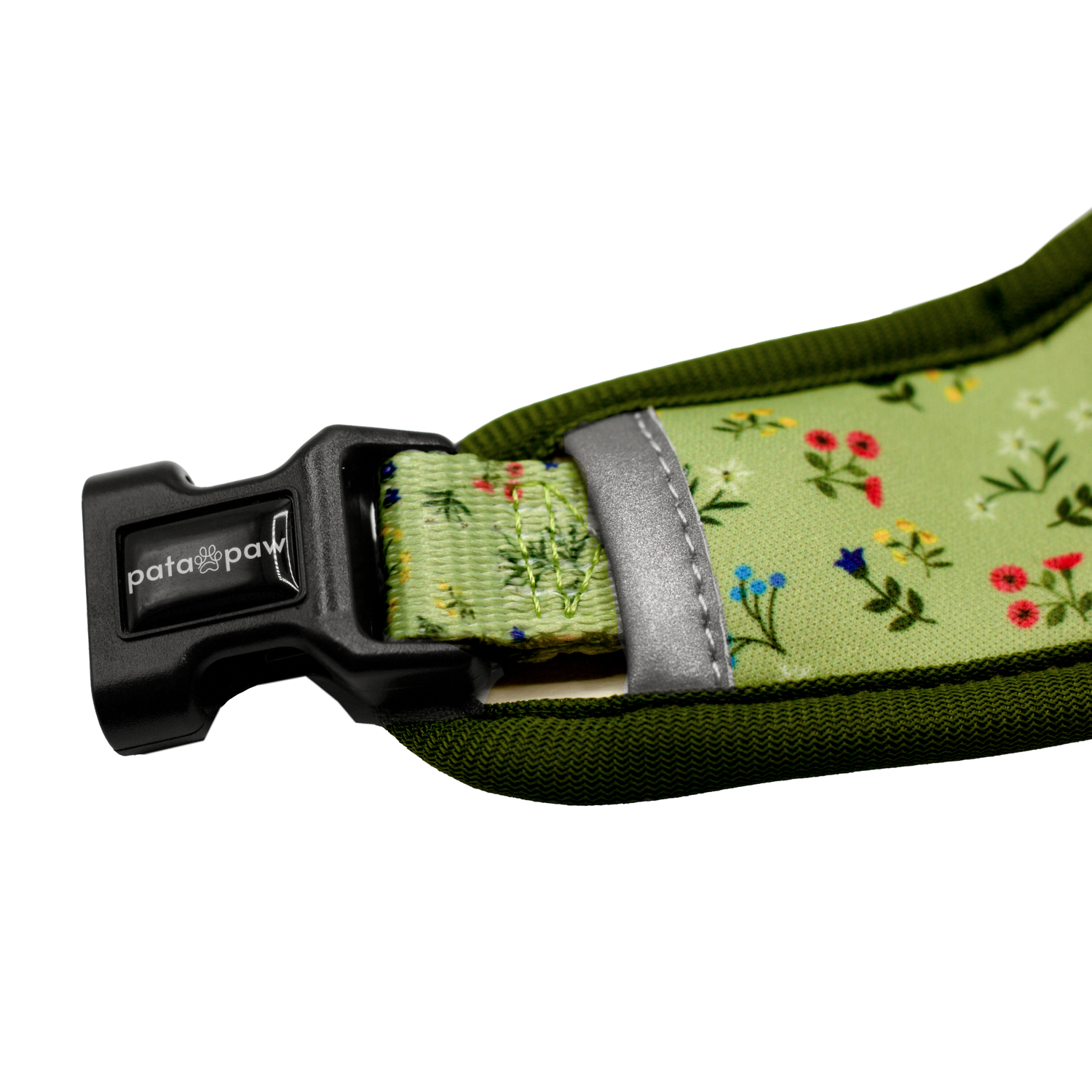 Pata Paw alpine wildflowers reversible harness showing the buckle of harness.