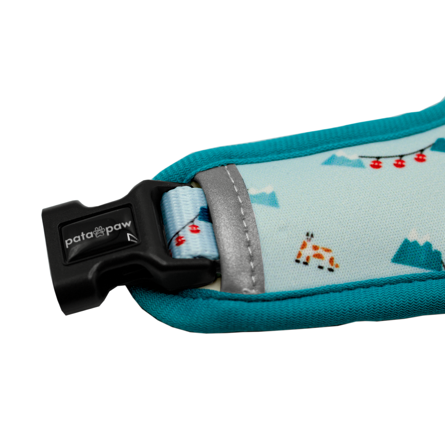 Pata Paw Les Alpes reversible harness showing the buckle of harness.