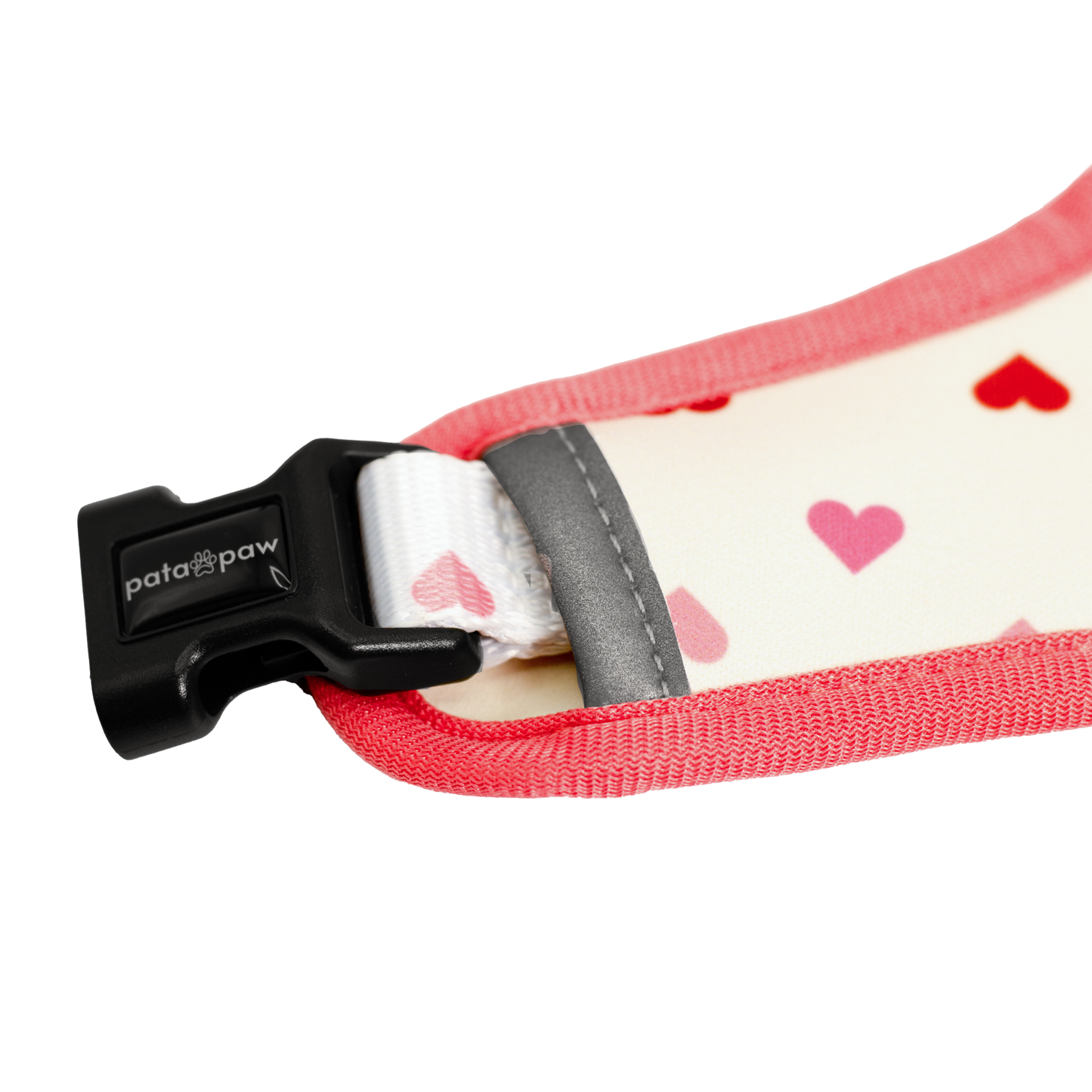 Pata Paw blush hearts reversible harness showing the buckle of harness.
