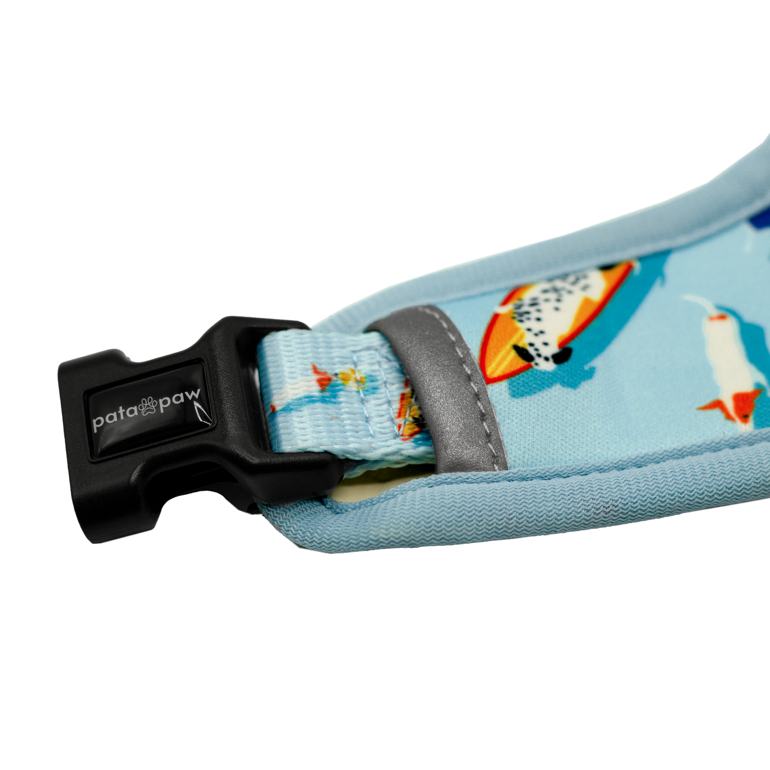 Pata Paw pool pups reversible harness showing the buckle of harness.