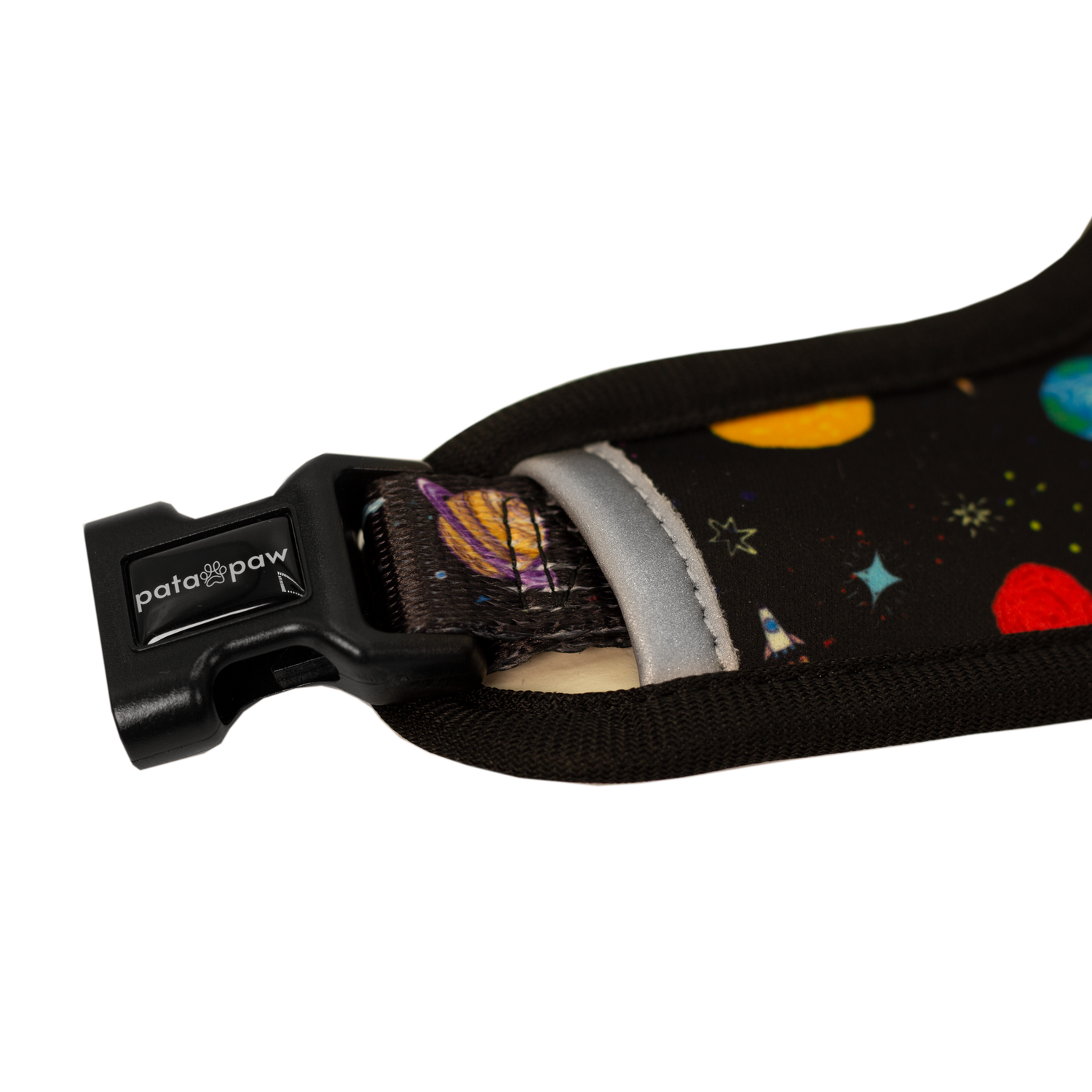 Pata Paw space explorer reversible harness showing buckle of harness.