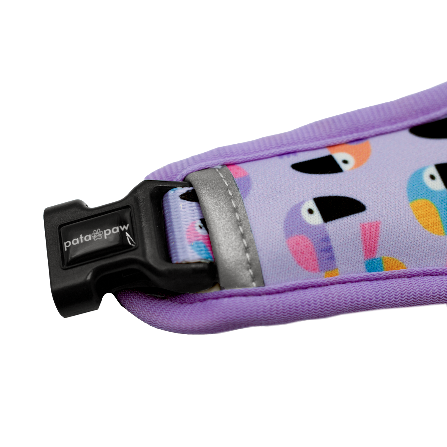 Pata Paw toucan tropics reversible harness showing the buckle of harness.