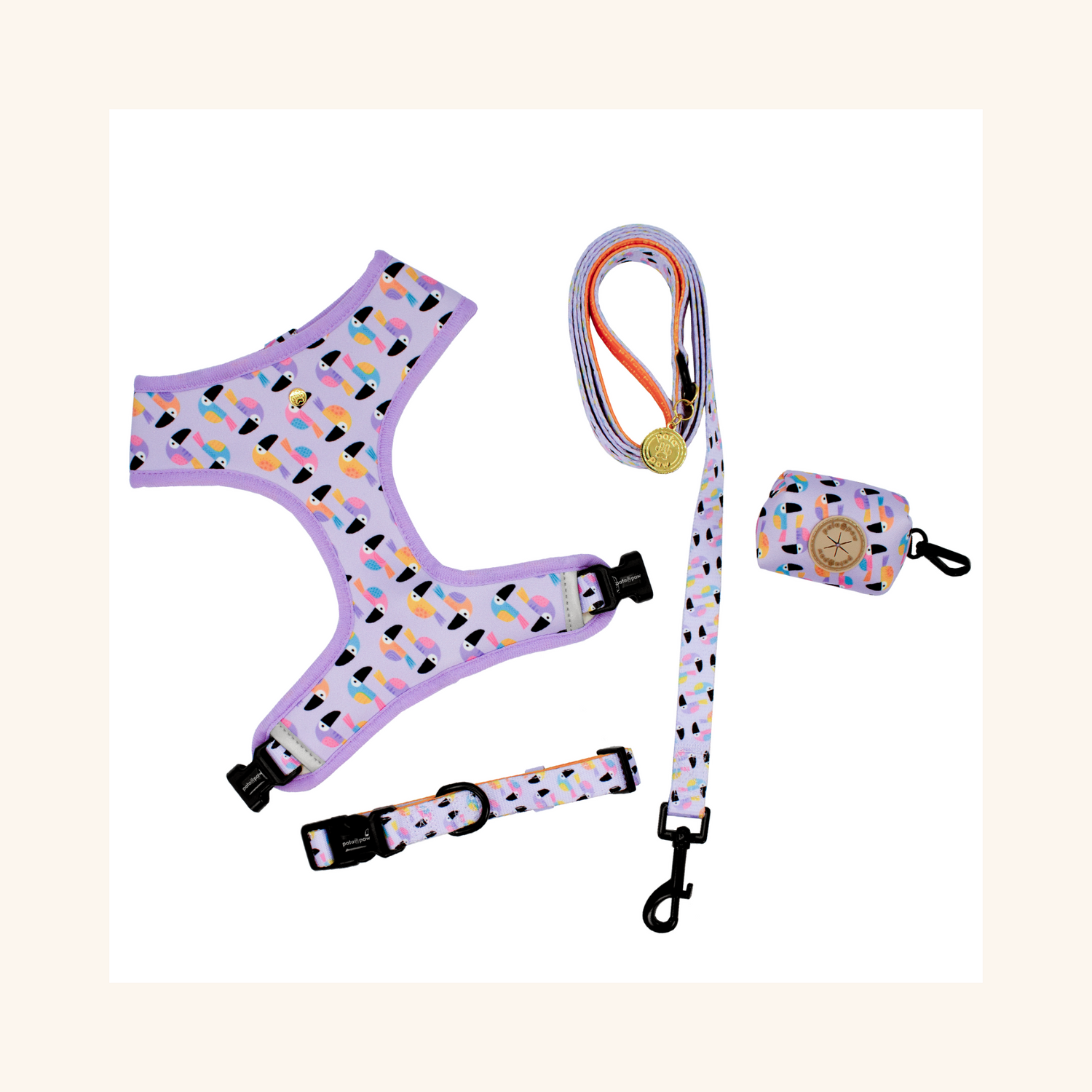 pata paw toucan tropics set: reversible harness, leash, collar, and poop bag holder