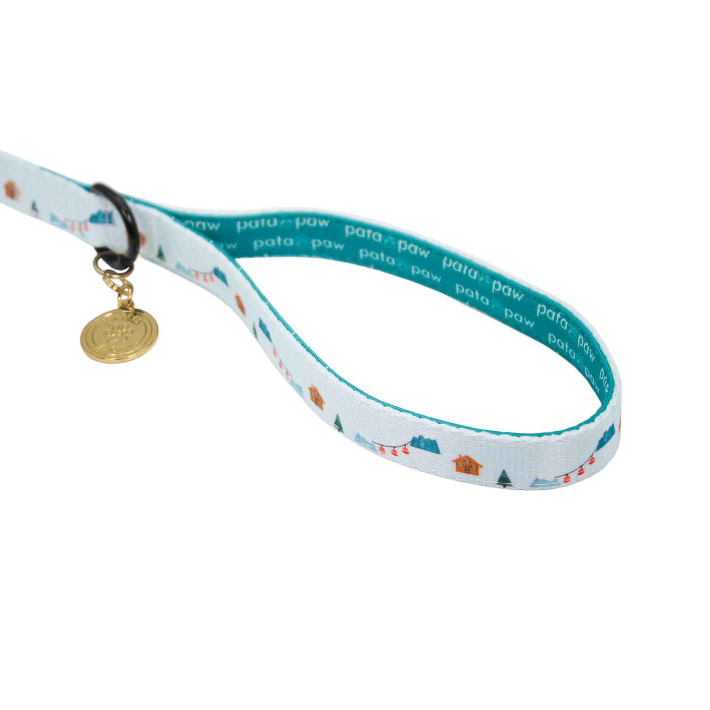 pata paw les alpes showing signature handle, metallic ring to attach a poop bag holder and golden paw medal