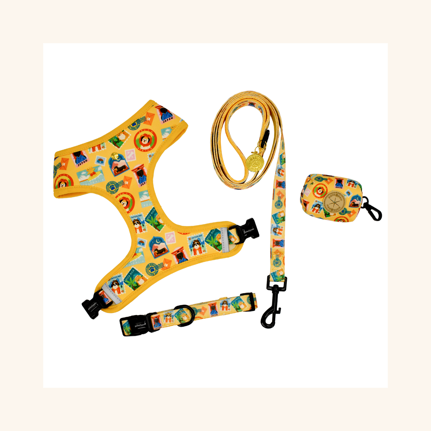 pata paw traveling pups set: reversible harness, leash, collar, and poop bag holder