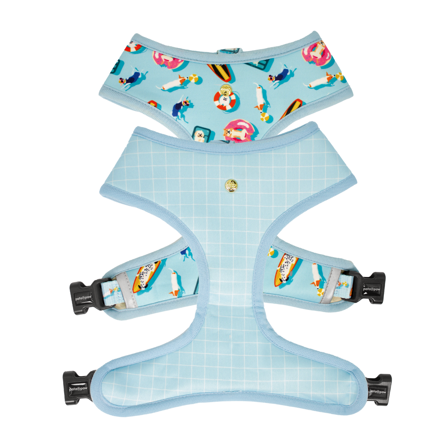 Pata Paw pool pups reversible harness showing both sides.