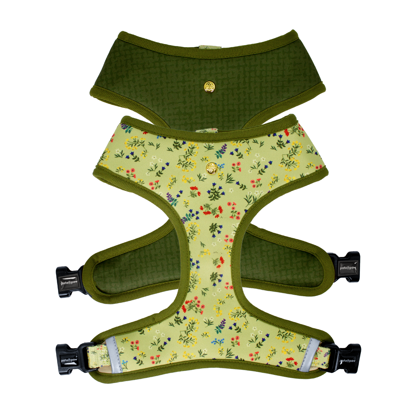 Pata Paw alpine wildflowers reversible harness showing both sides.