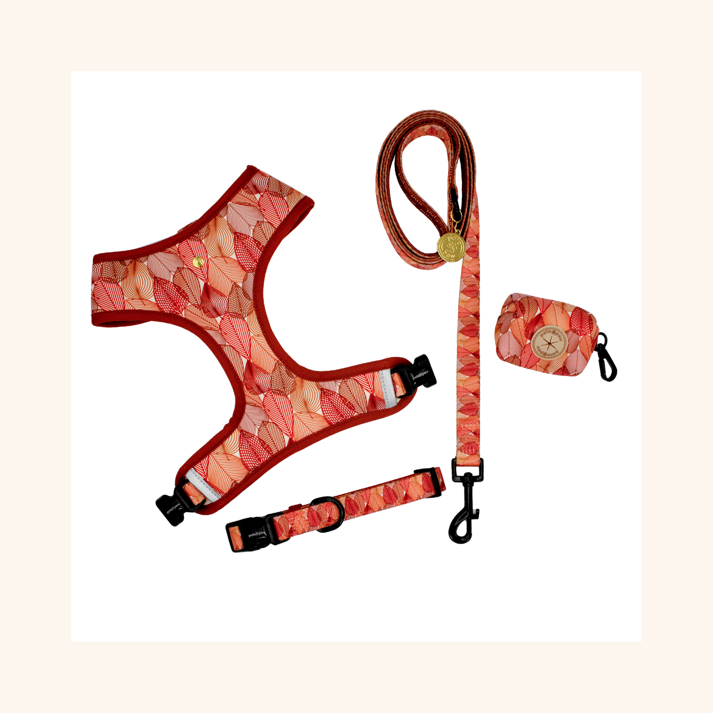 pata paw autumn crunch set: reversible harness, leash, collar, and poop bag holder.