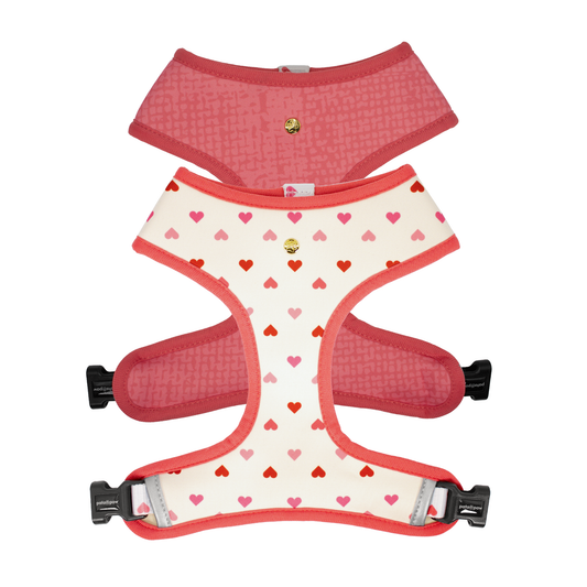 Pata Paw blush hearts reversible harness showing both sides.