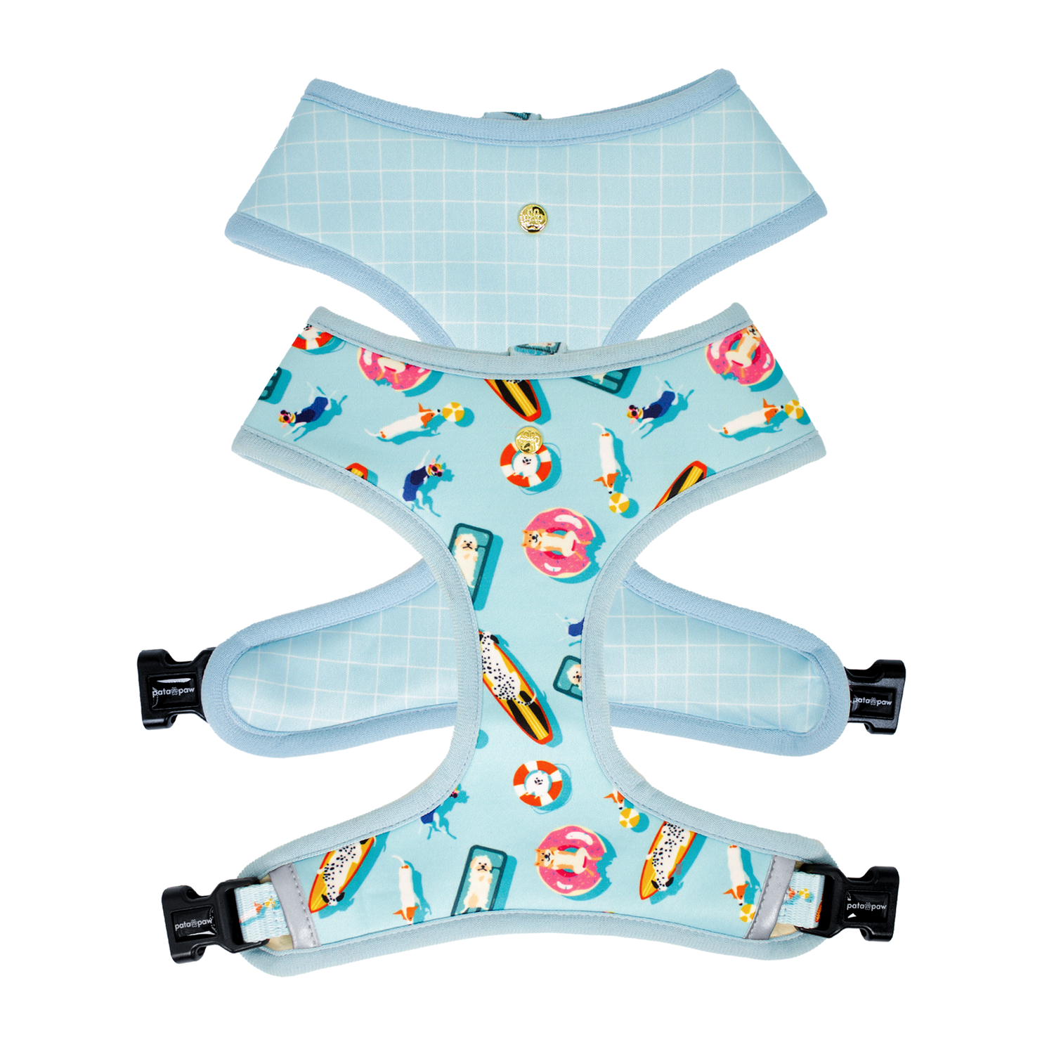Pata Paw pool pups reversible harness showing both sides.