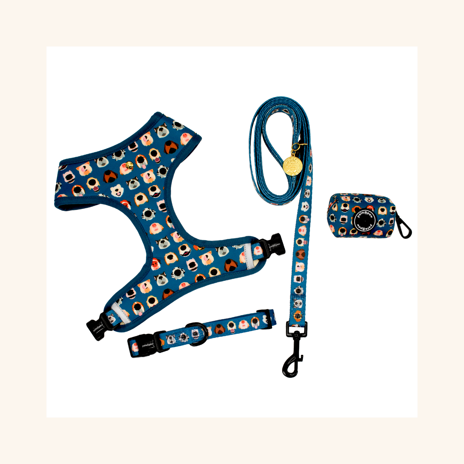 pata paw boops set: reversible harness, leash, collar, and poop bag holder