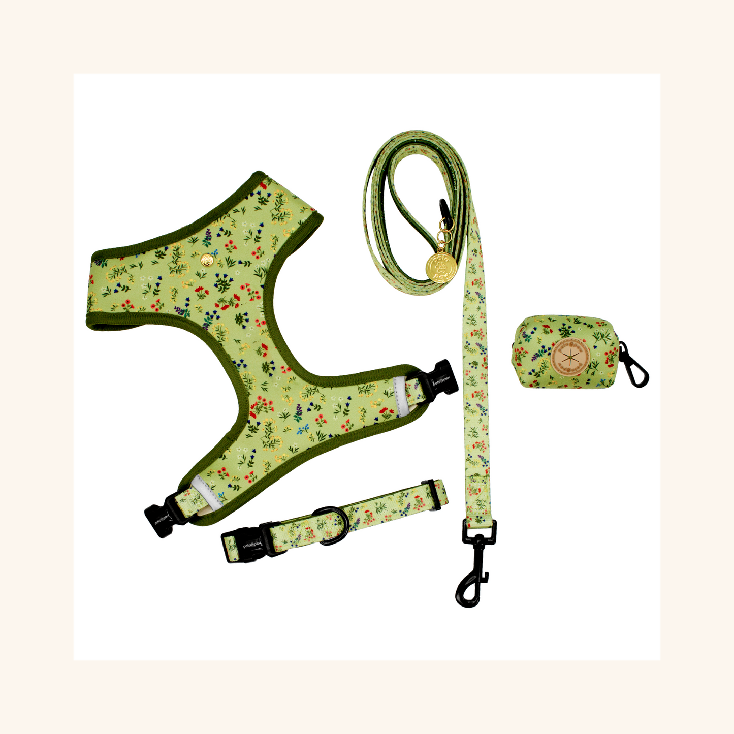 pata paw alpine wildflowers set: reversible harness, leash, collar, and poop bag holder