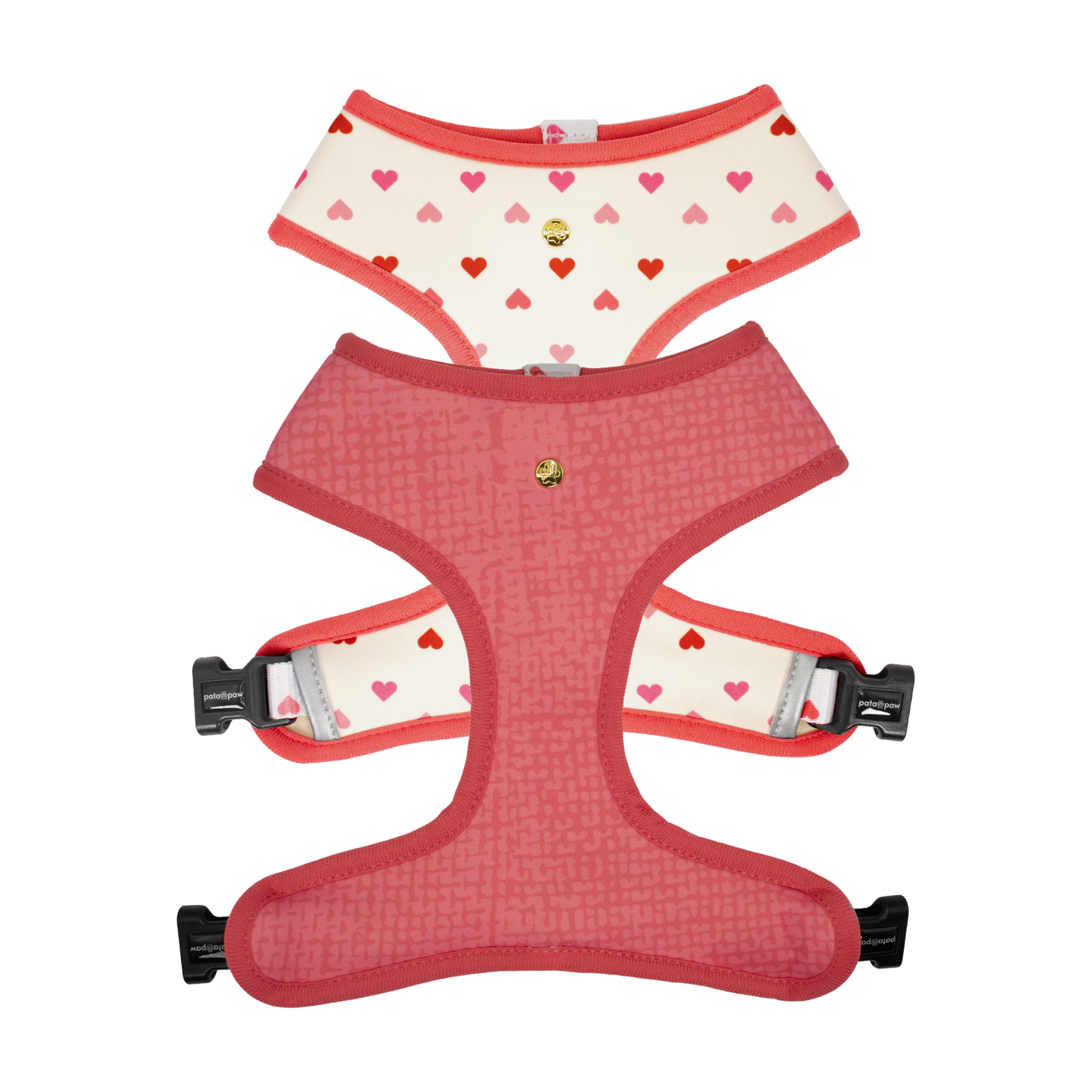 Pata Paw blush hearts reversible harness showing both sides.