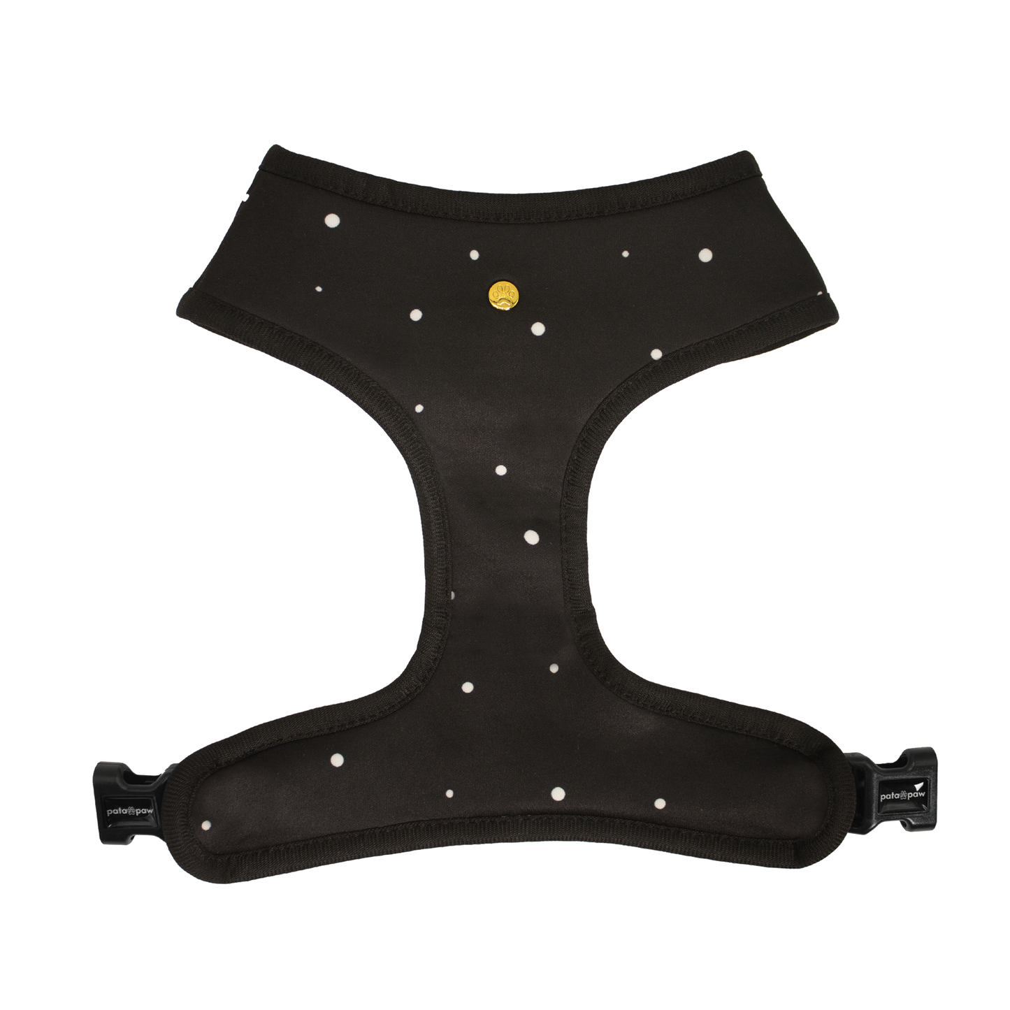 Pata Paw moo reversible harness showing a timeless and chic design of hand-painted dots on a black background.