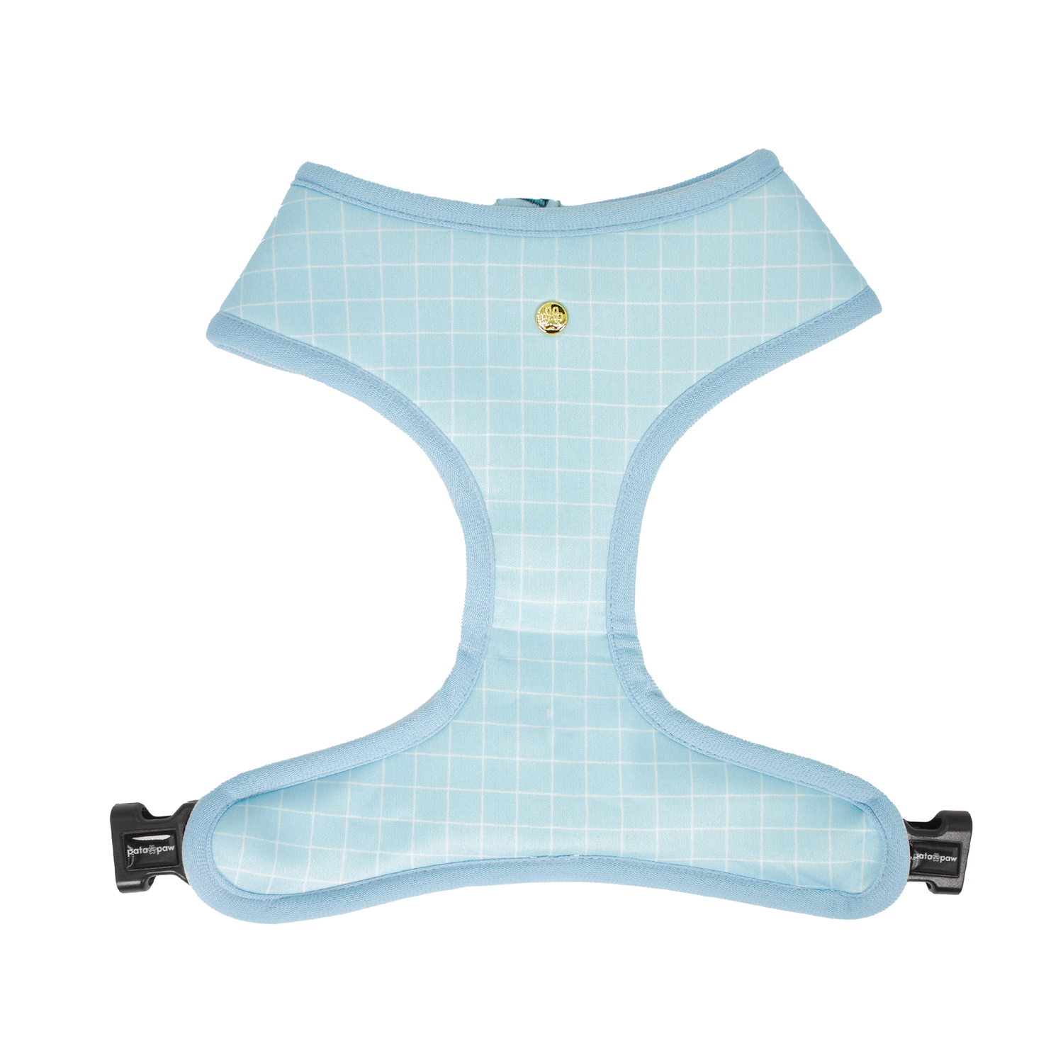 Pata Paw pool pups reversible harness showing a timeless and chic checkered pattern in aqua blue.