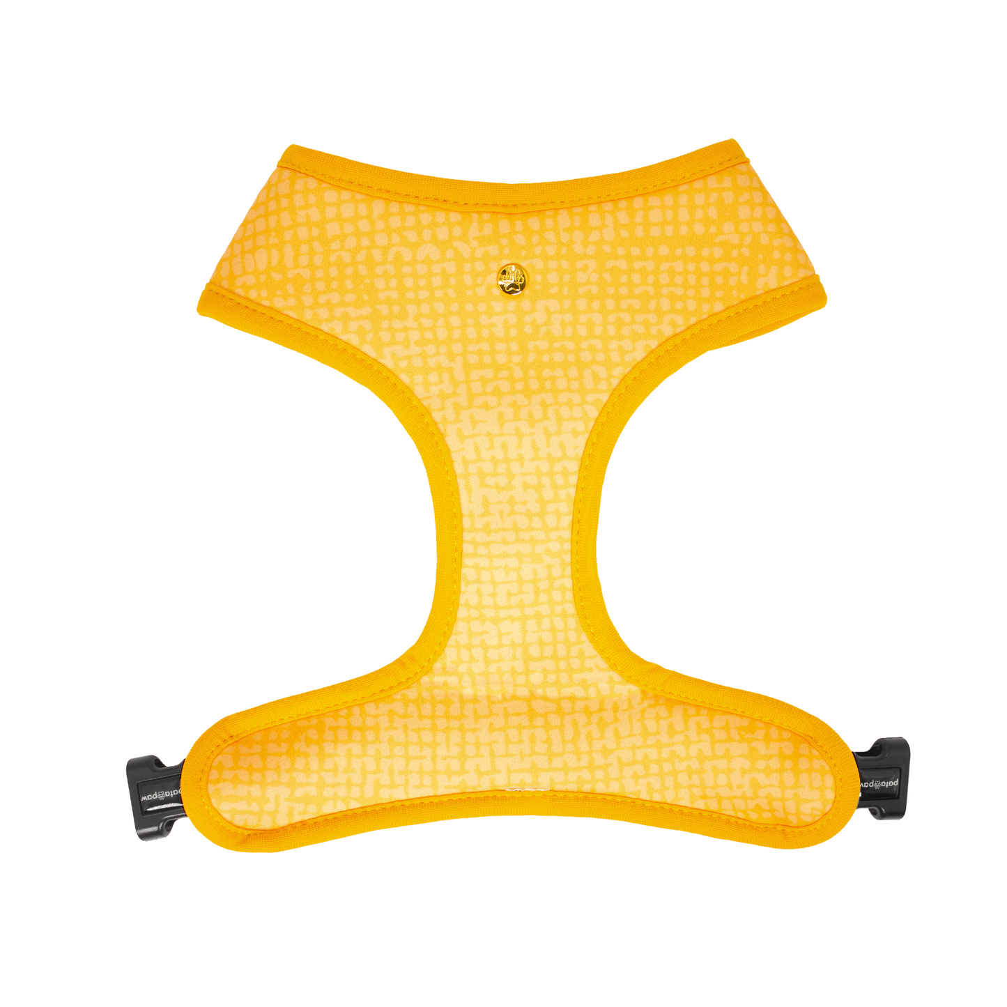 Pata Paw traveling pups  reversible harness showing a timeless and chic texture pattern in dijon yellow.