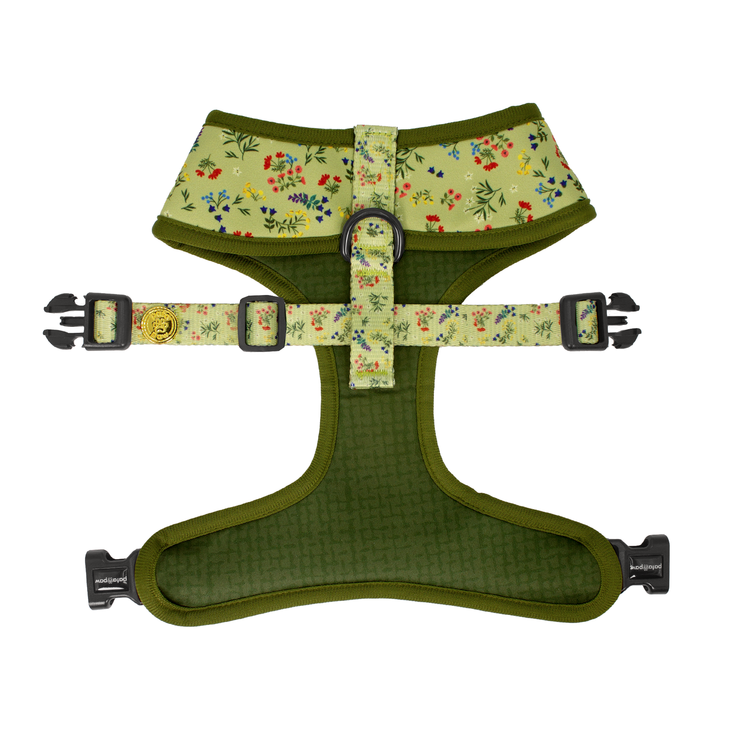 Pata Paw alpine wildflowers reversible harness showing its backside.