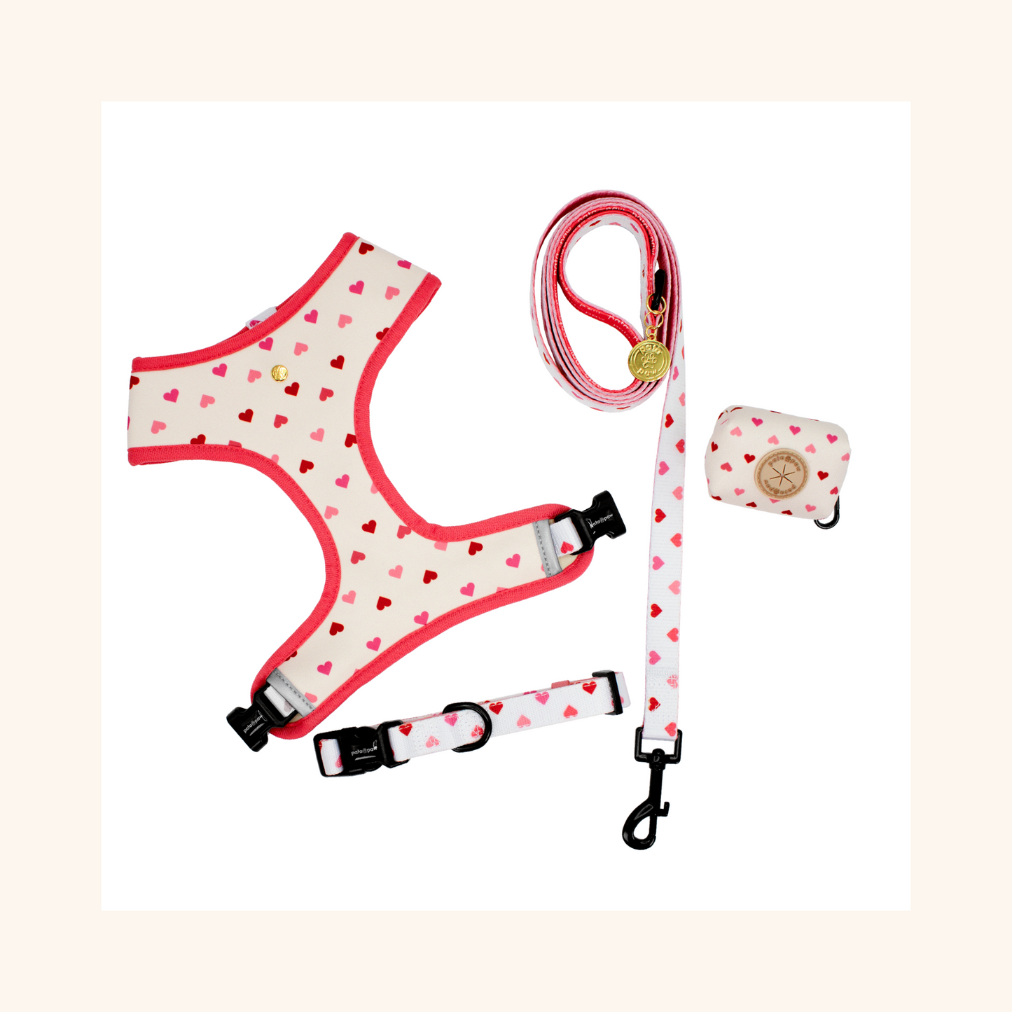 pata paw blush hearts set: reversible harness, leash, collar, and poop bag holder