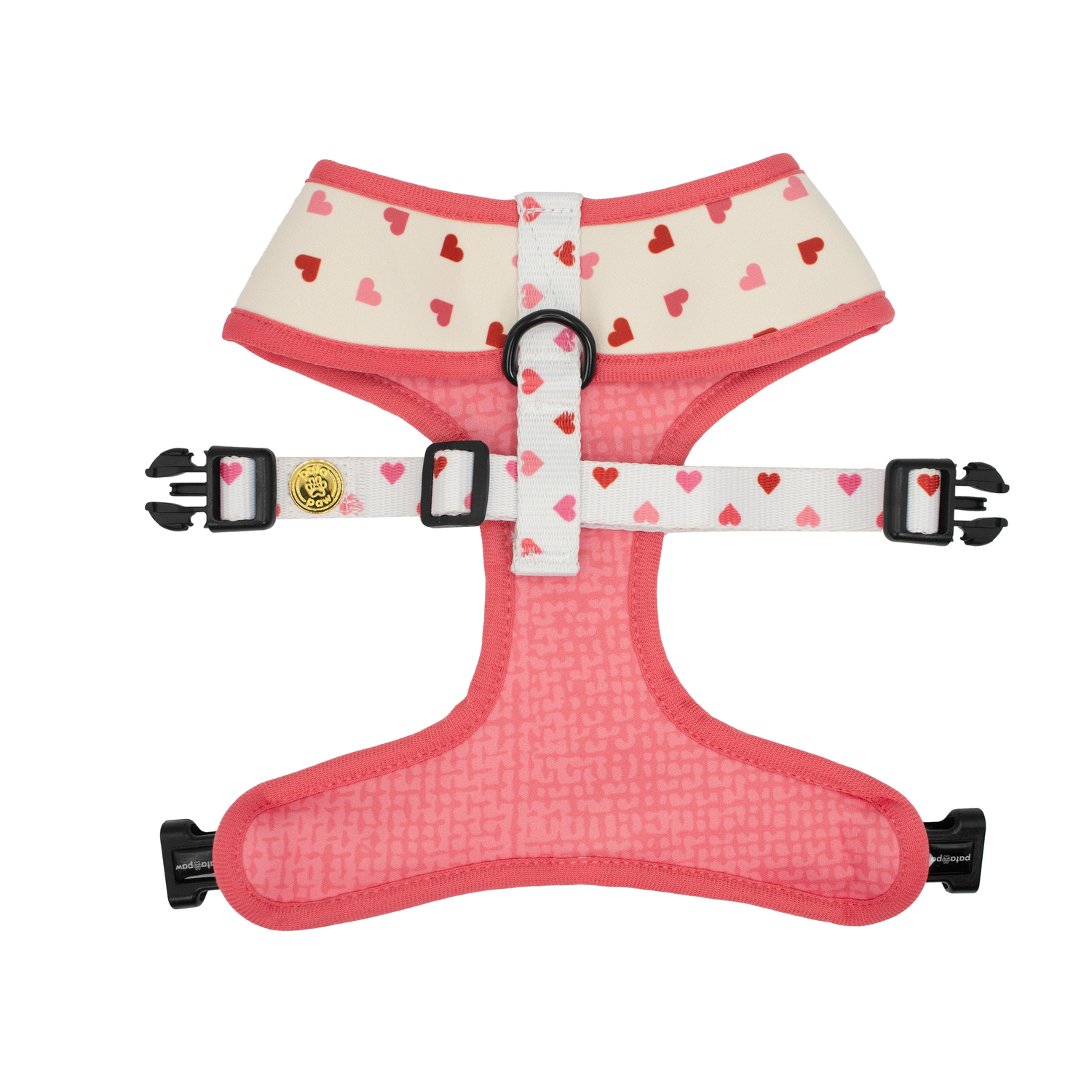 Pata Paw blush hearts reversible harness showing its backside.