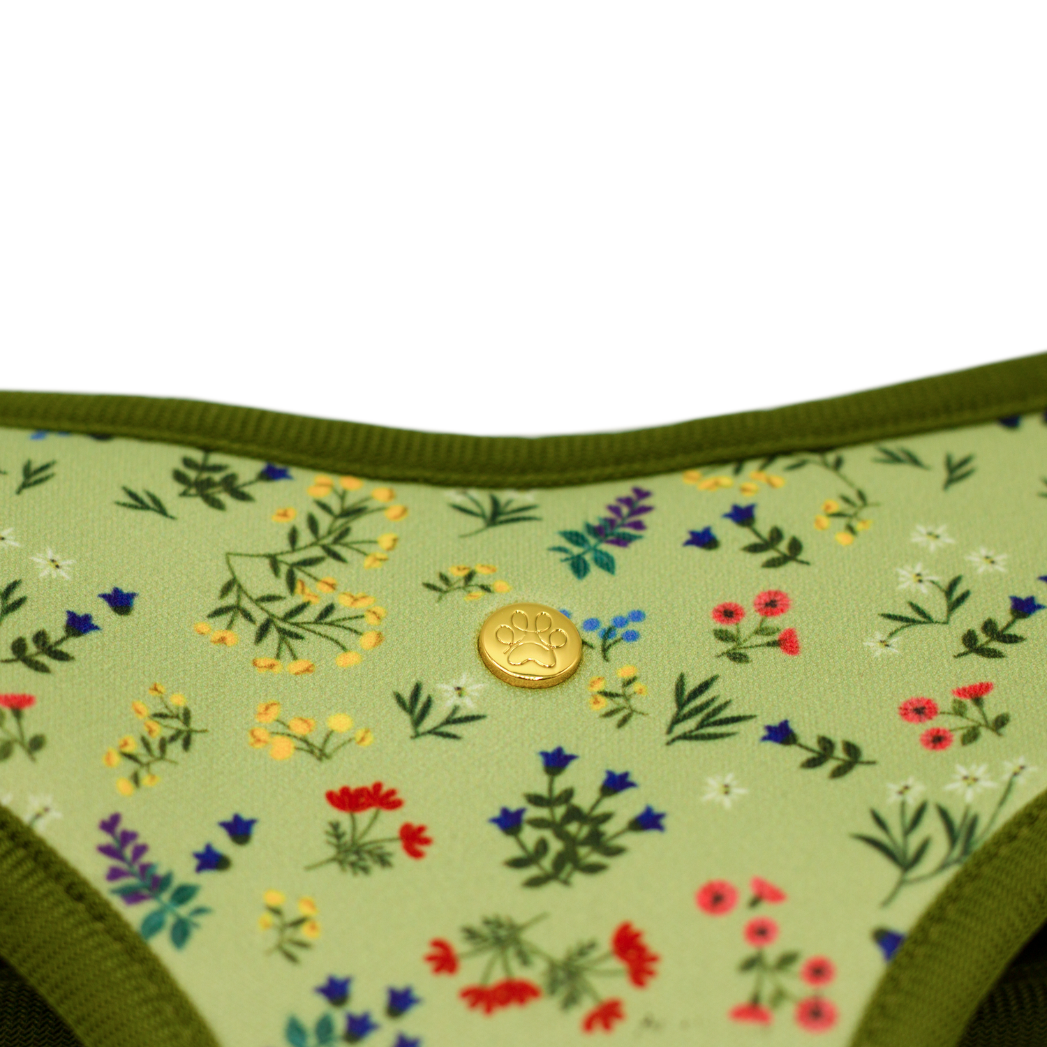 Pata Paw  alpine wildflowers reversible harness showing a close-up of its golden paw.