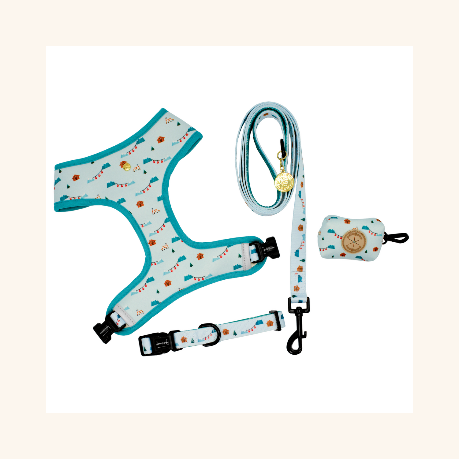 pata paw les alpes set: reversible harness, leash, collar, and poop bag holder