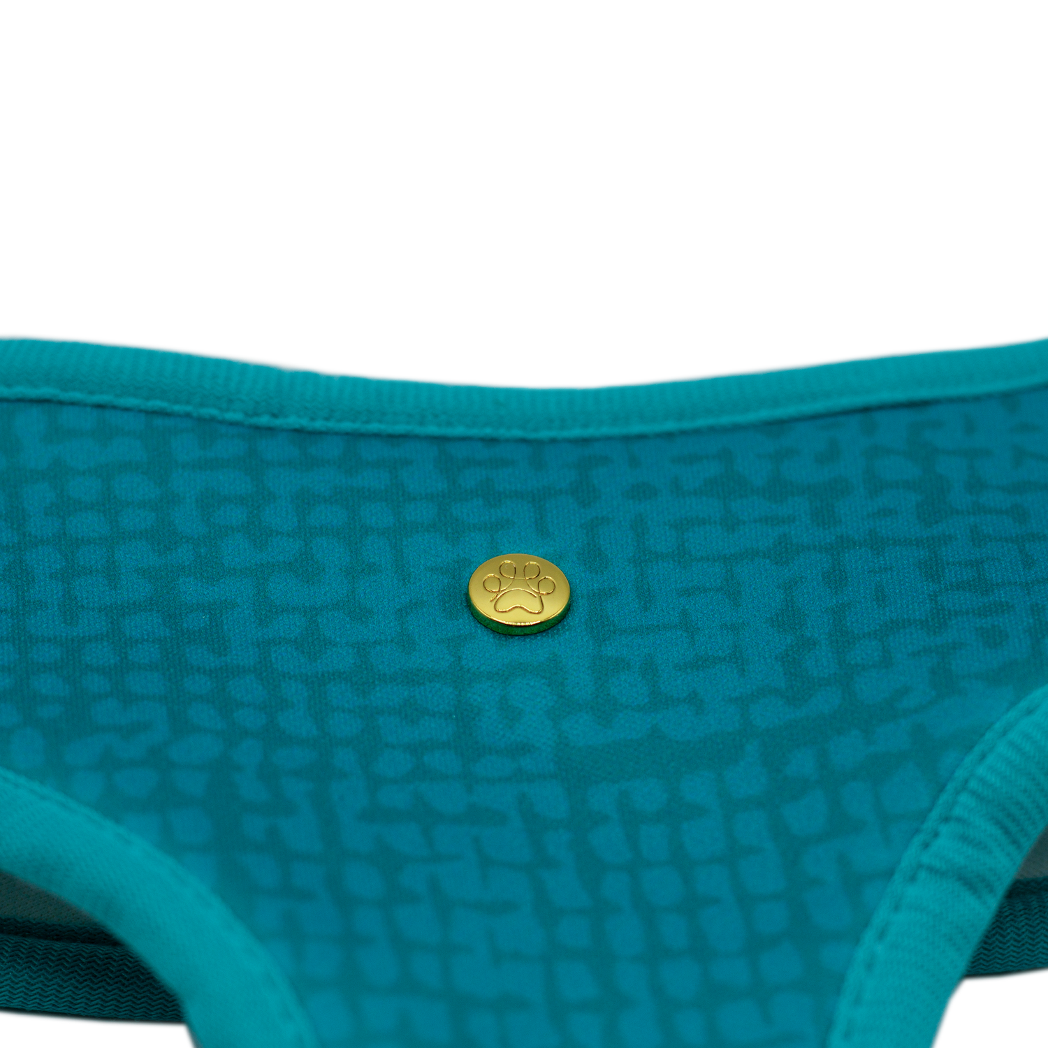 Pata Paw Les Alpes reversible harness showing a close-up of its golden paw and a timeless and chic texture pattern in teal.