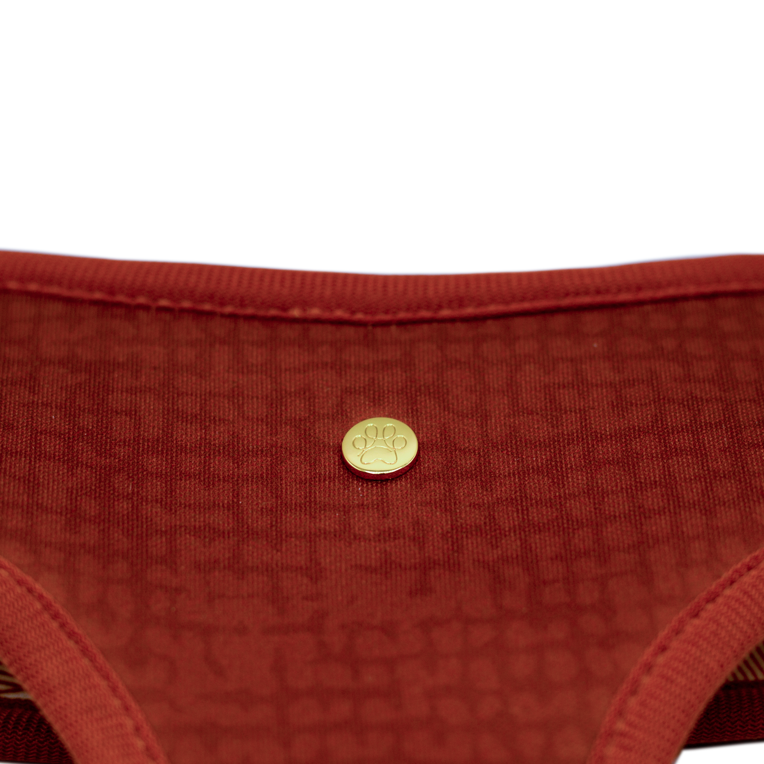 Pata Paw  autumn crunch reversible harness showing a close-up of its golden paw and a timeless and chic texture pattern in cherrywood.