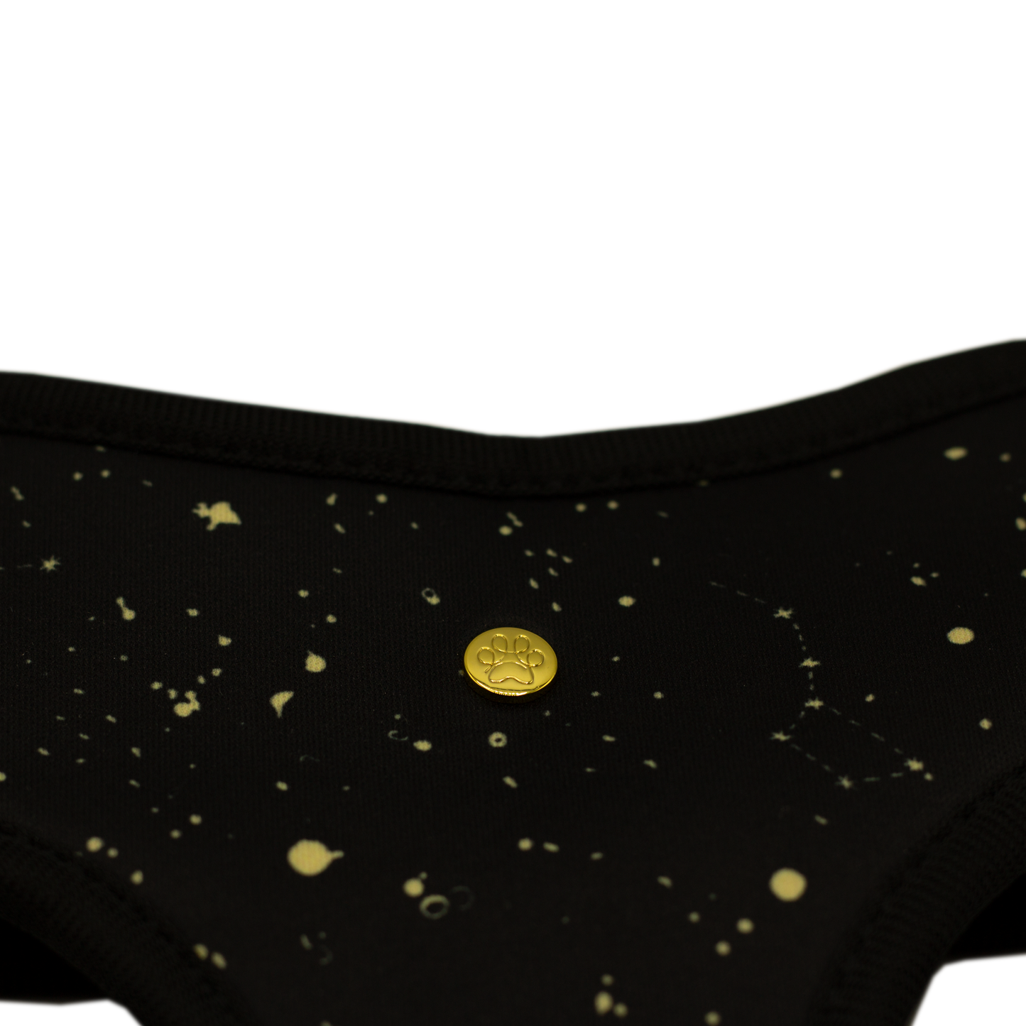 Pata Paw space explorer reversible harness showing a close-up of its galaxy pattern and golden paw.