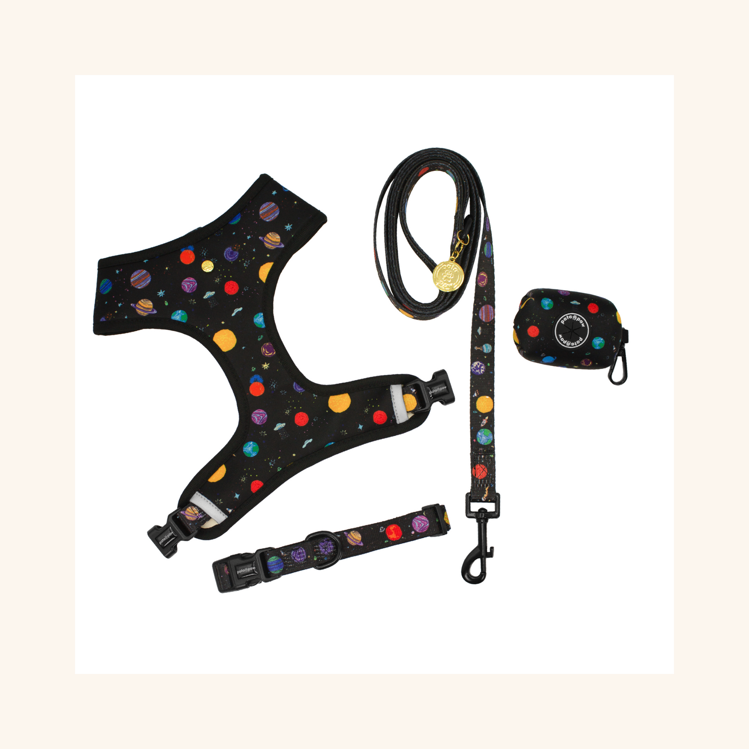pata paw space explorer set: reversible harness, leash, collar, and poop bag holder