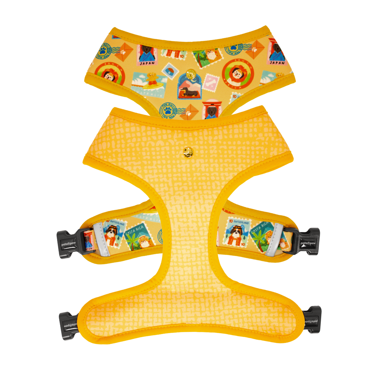 Pata Paw traveling pups reversible dog harness showing both sides.