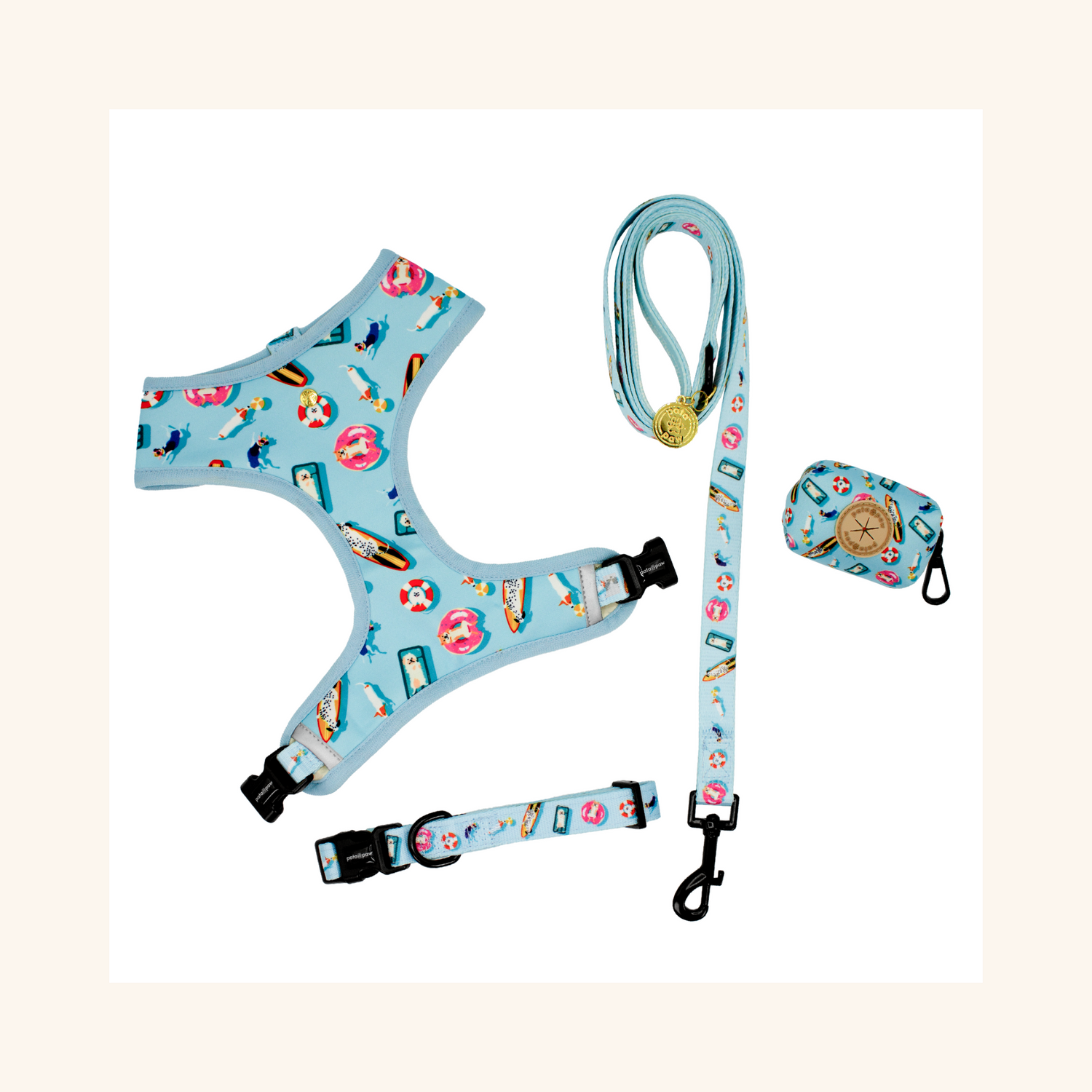 pata paw pool pups set: reversible harness, leash, collar, and poop bag holder