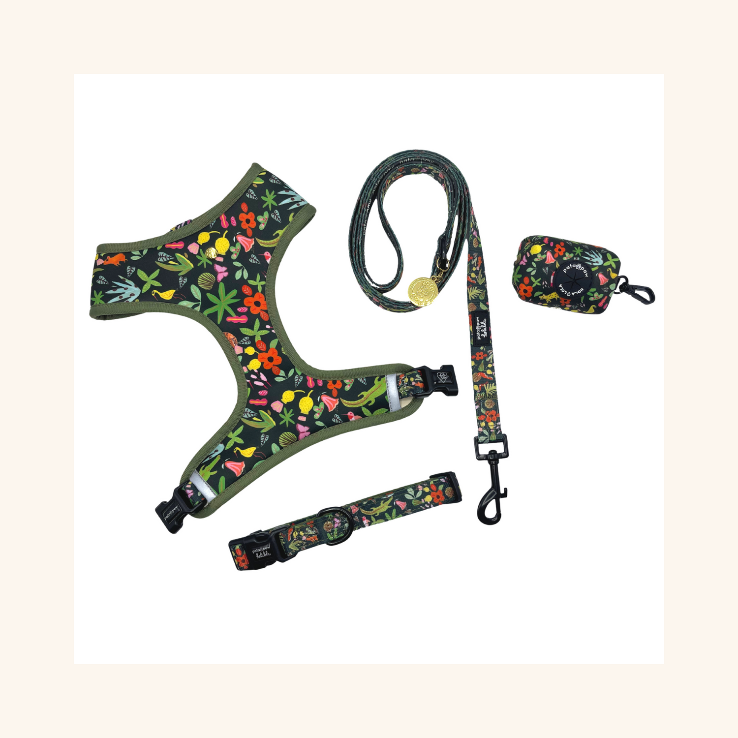 Pata Paw x Holalola selva walking set: reversible harness, leash, collar and poop bag carrier