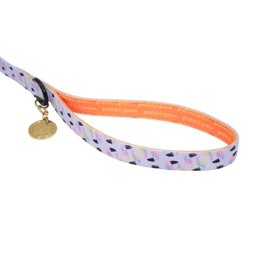 pata paw toucan tropics leash showing signature handle, metallic ring to attach a poop bag holder and golden paw medal
